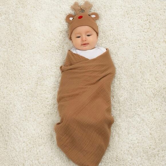 None Other - Parent's Choice Brown Reindeer Xmas Swaddle Set, Swaddle Baby Blanket and Beanie
